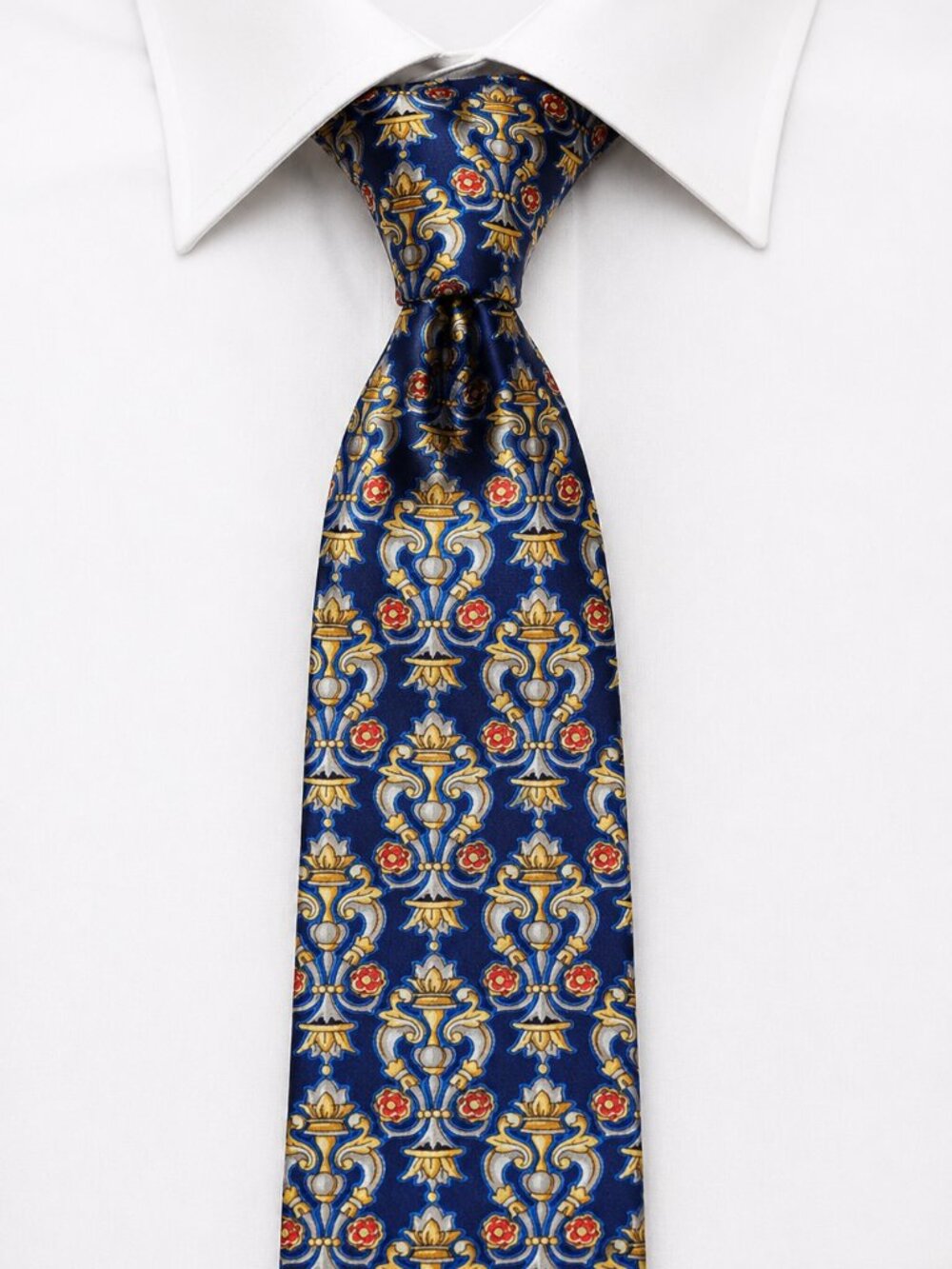 Paco Rabanne VTG Men’s Necktie Navy Blue Gold Floral Baroque Silk Print Italy
